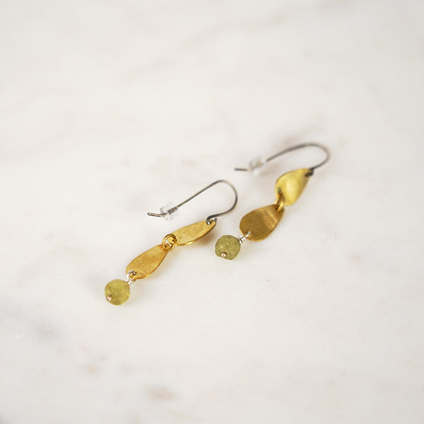 Green Garnet & Brass Double Teardrop Earrings