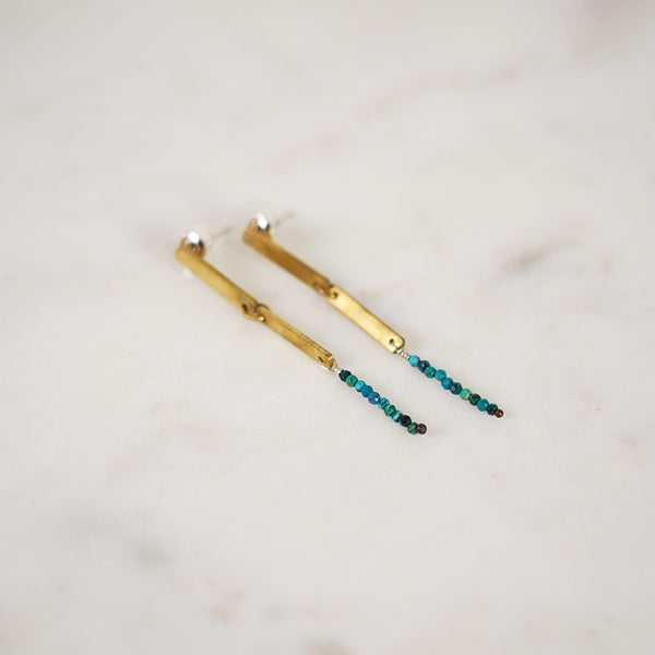 Turquoise Beads & Brass Double Bar Earrings