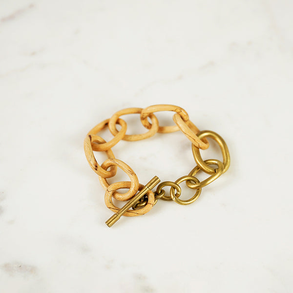 Carved Wood & Brass Chain Link Bracelet