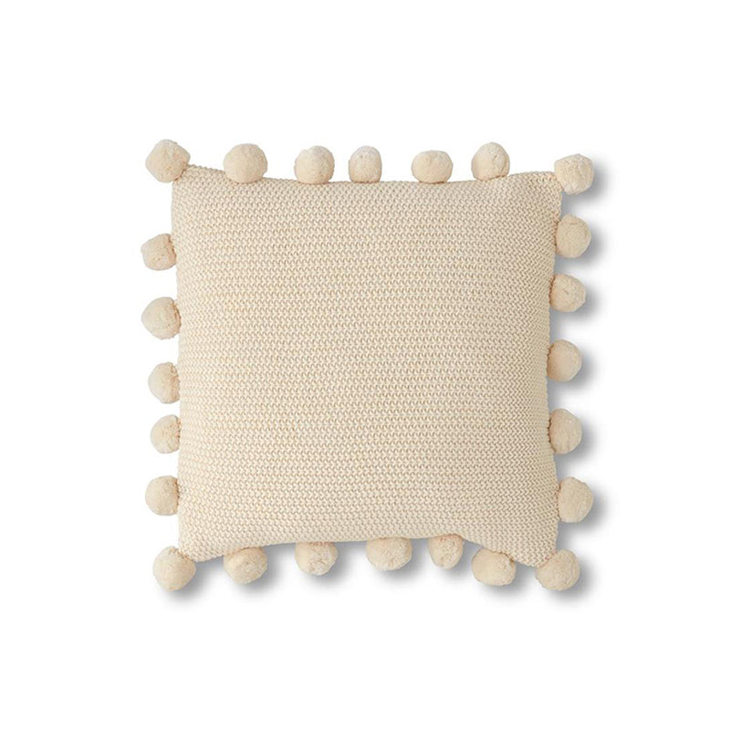 Moss Stitch Knit Pillow with Pompom Border - Cream