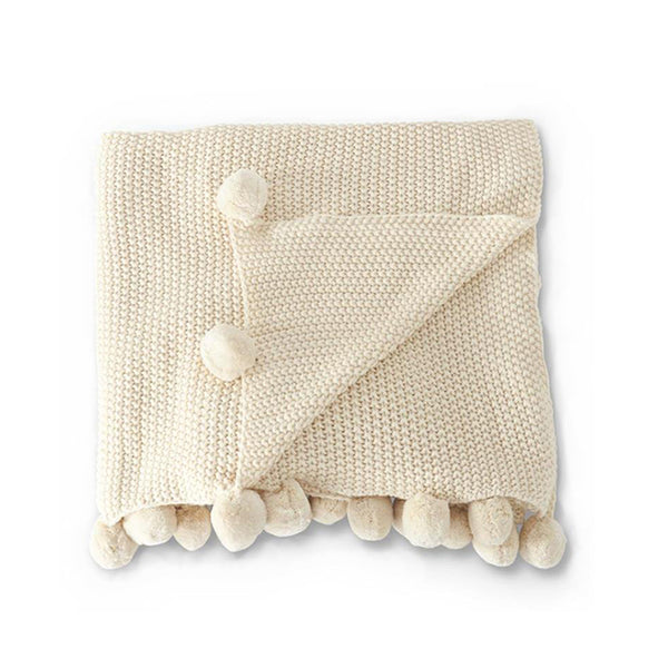 Moss Stitch Knit Throw with Pompom Border - Cream