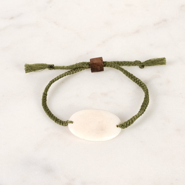 Cotton Cord Bracelet with Oval Antler - Olive