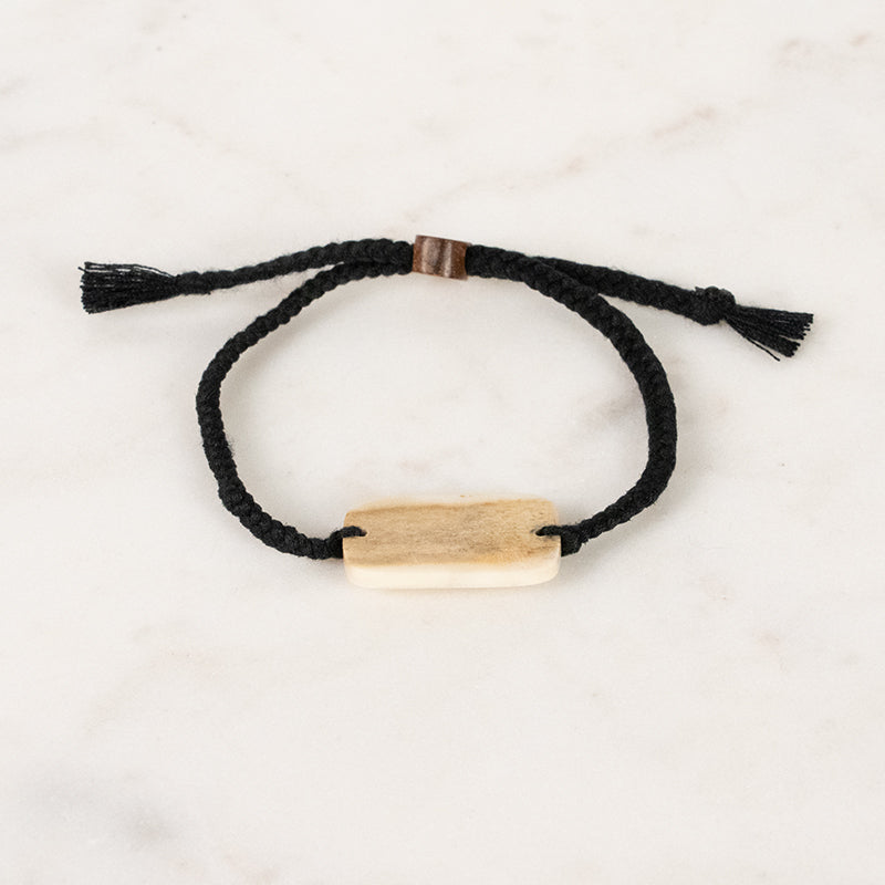 Cotton Cord Bracelet with Oval Antler - Black