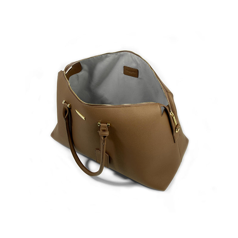 Kensington Vegan Leather Brown Weekend Bag - unzipped