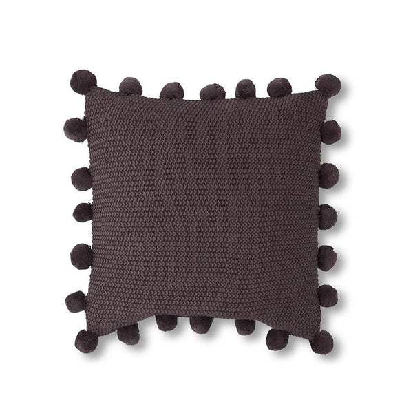 Moss Stitch Knit Pillow with Pompom Border - Grey