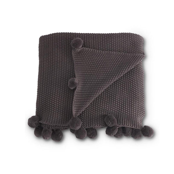 Moss Stitch Knit Throw with Pompom Border - Grey